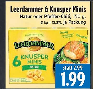 Leerdammer 6 Knusper Minis Natur oder Pfeffer-Chili, 150 g, (1 kg = 13.27), je Packung