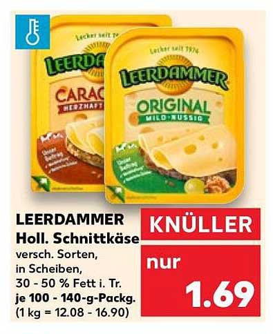 LEERDAMMER Holl. Schnittkäse versch. Sorten, in Scheiben, 30 - 50 % Fett i. Tr. je 100 - 140-g-Packg. (1 kg = 12.08 - 16.90)