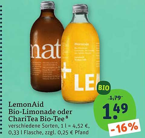 LemonAid Bio-Limonade oder ChariTea Bio-Tee