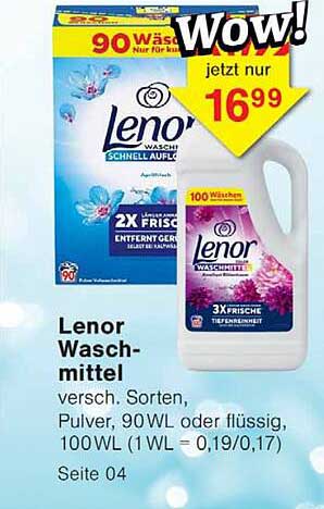 Lenor Waschmittel versch. Sorten, Pulver, 90WL oder flüssig, 100WL (1 WL = 0,19/0,17)