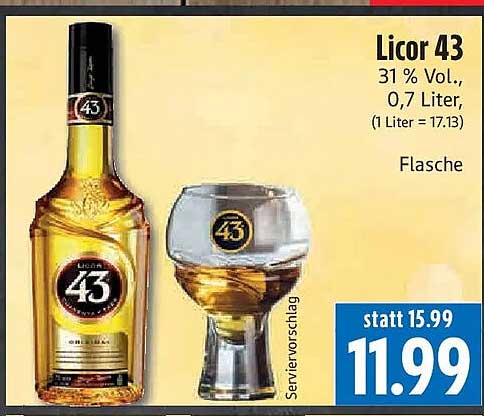 Licor 43 31 % Vol., 0,7 Liter, (1 Liter = 17.13) Flasche