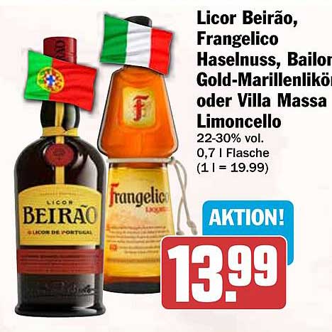 Licor Beirão, Frangelico, Haselnuss, Bailor Gold-Marillenlikör oder Villa Massa Limoncello