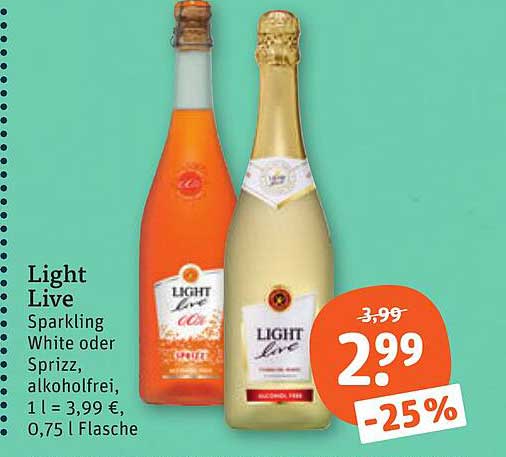 Light Live Sparkling White oder Sprizz, alkoholfrei, 1 l = 3,99 €, 0,75 l Flasche
