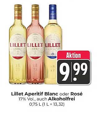 Lillet Aperitif Blanc oder Rosé 17% Vol., auch Alkoholfrei 0,75 l (1 L = 13,32)