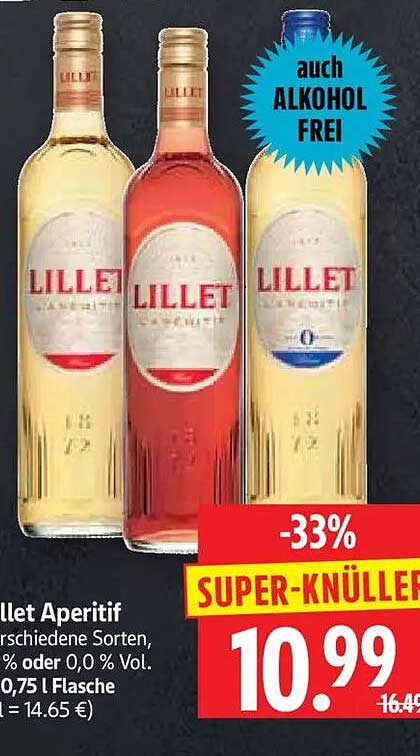 Lillet Aperitif verschiedene Sorten, 0 % oder 0,0 % Vol., 0,75 l Flasche