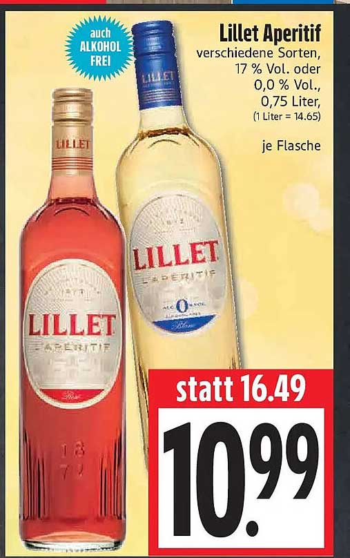 Lillet Aperitif verschiedene Sorten, 17 % Vol. oder 0,0 % Vol., 0,75 Liter, je Flasche