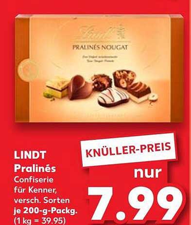 LINDT Pralinés Confiserie für Kenner, versch. Sorten je 200-g-Packg. (1 kg = 39.95)