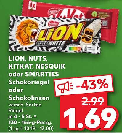 LION, NUTS, KITKAT, NESQUIK oder SMARTIES Schokoriegel oder Schokolinsen versh. Sorten Riegel je 4 - 5 St. = 130 - 166-g-Packg. (1 kg = 10.19 - 13.00)