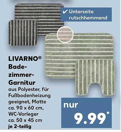LIVARNO® Badezimmer-Garnitur aus Polyester, für Fußbodenheizung geeignet, Matte ca. 90 x 60 cm, WC-Vorleger ca. 50 x 45 cm je 2-teilig