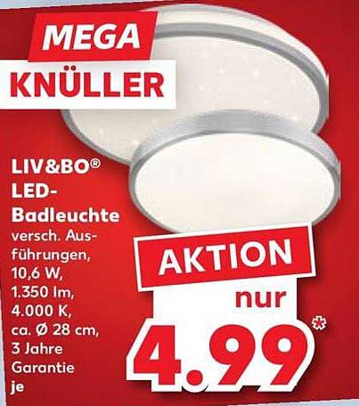 LIV&BO LED-Badleuchte versch. Ausführungen, 10,6 W, 1.350 lm, 4.000 K, ca. Ø 28 cm, 3 Jahre Garantie je