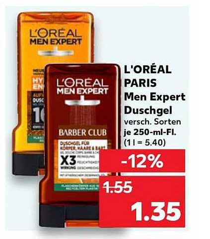 L'ORÉAL PARIS Men Expert Duschgel, versch. Sorten, je 250-ml-Fl. (1 l = 5.40)
