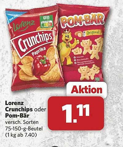 Lorenz Crunchips oder Pom-Bär versch. Sorten 75-150-g-Beutel (1 kg ab 7,40)