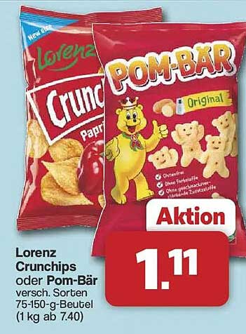 Lorenz Crunchips oder Pom-Bär versch. Sorten 75-150-g-Beutel (1 kg ab 7.40)