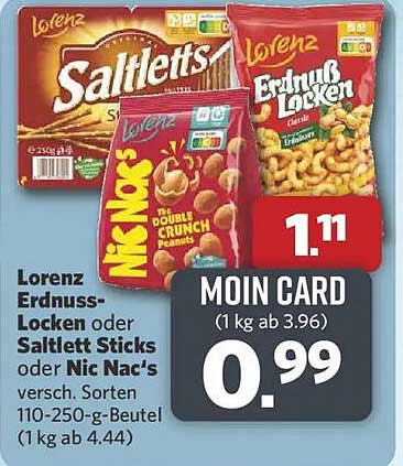 Lorenz Erdnuss-Locken oder Saltletts Sticks oder Nic Nac's versch. Sorten 110-250-g-Beutel (1 kg ab 4.44)