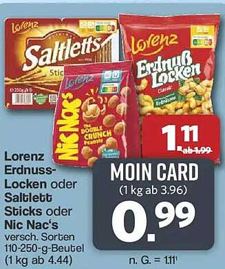 Lorenz Erdnuss-Locken oder Salzlelb Sticks oder Nic Nac's versch. Sorten 110-250-g-Beutel (1 kg ab 4.44)
