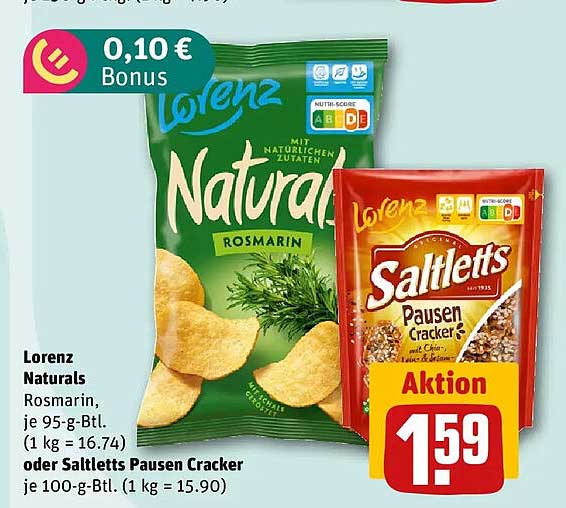 Lorenz Naturals Rosmarin, je 95-g-Btl. (1 kg = 16.74) oder Saltletts Pausen Cracker je 100-g-Btl. (1 kg = 15.90)