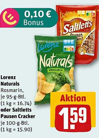 Lorenz Naturals Rosmarin, je 95-g-Btl. (1 kg = 16.74) oder Saltletts Pausen Cracker je 100-g-Btl. (1 kg = 15.90)
