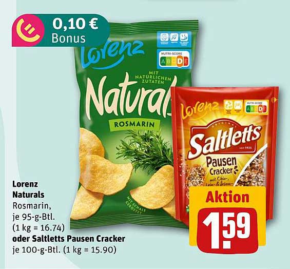 Lorenz Naturals Rosmarin, je 95-g-Btl. (1 kg = 16.74) oder Saltletts Pausen Cracker je 100-g-Btl. (1 kg = 15.90)