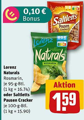 Lorenz Naturals Rosmarin, je 95-g-Btl. (1 kg = 16.74) oder Saltletts Pausen Cracker je 100-g-Btl. (1 kg = 15.90)