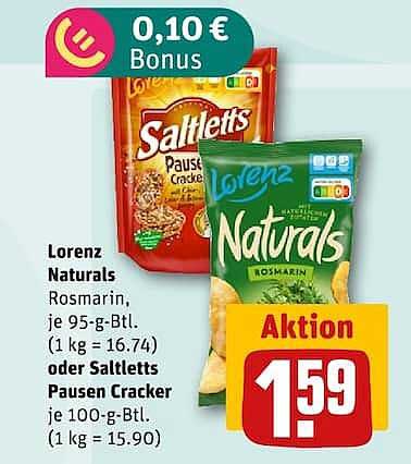 Lorenz Naturals Rosmarin, je 95-g-Btl. (1 kg = 16.74) oder Saltletts Pausen Cracker je 100-g-Btl. (1 kg = 15.90)