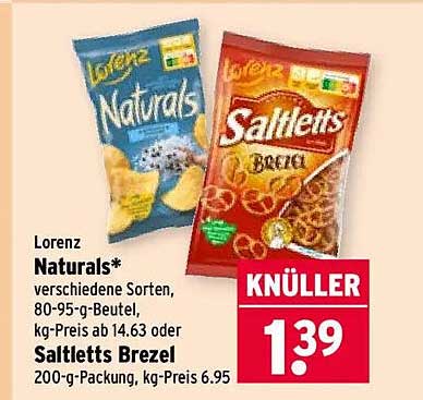 Lorenz Naturals* verschiedene Sorten, 80-95-g-Beutel, kg-Preis ab 14.63 oder Saltletts Brezel 200-g-Packung, kg-Preis ab 6.95