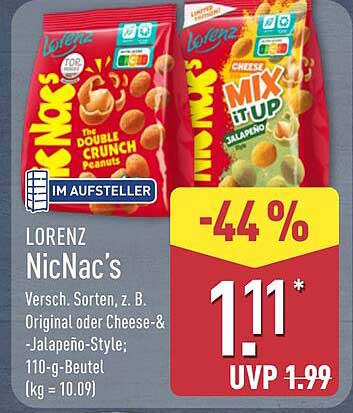 LORENZ NicNac’s Versch. Sorten, z. B. Original oder Cheese-&-Jalapeño-Style; 110-g-Beutel (1 kg = 10.09)