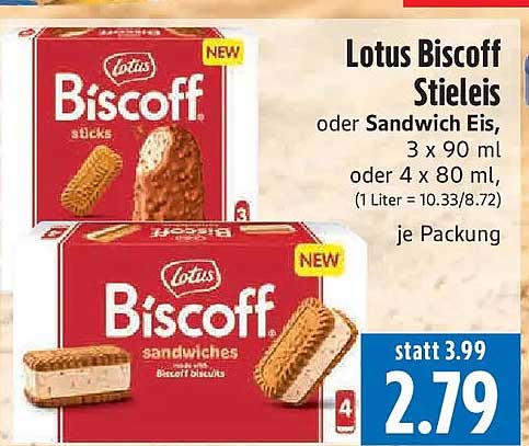 Lotus Biscoff Stieleis oder Sandwich Eis, 3 x 90 ml oder 4 x 80 ml, (1 Liter = 10.33/8.72) je Packung