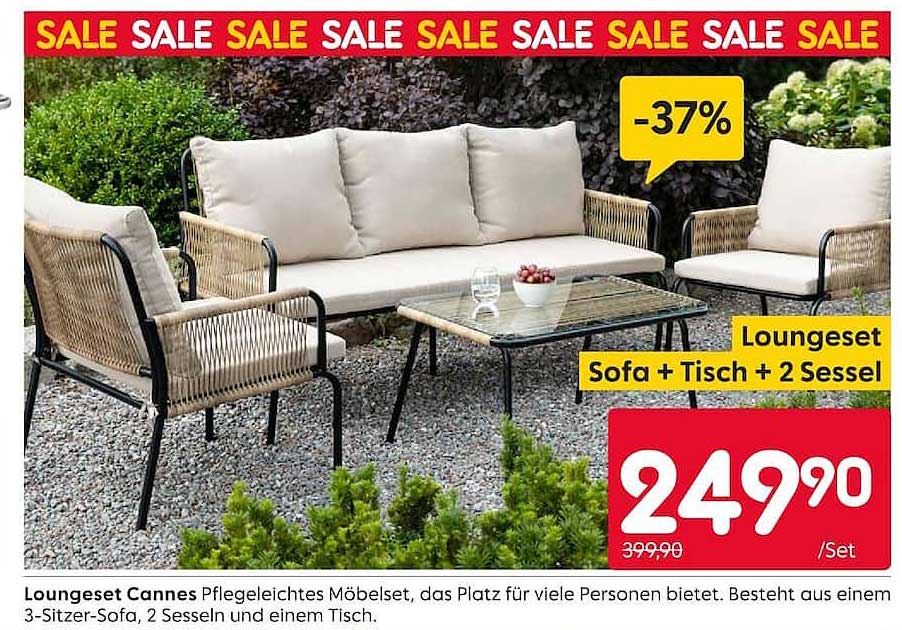 Loungeset Cannes Pflegeleichtes Möbelset, das Platz für viele Personen bietet. Besteht aus einem 3-Sitzer-Sofa, 2 Sesseln und einem Tisch.