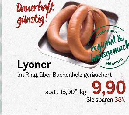 Lyoner im Ring, über Buchenholz geräuchert