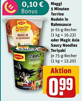 Maggi 5 Minuten Terrine Nudeln in Rahmsauce je 61-g-Becher (1 kg = 16.23) oder Magic Asia Saucy Noodles Teriyaki je 75-g-Becher (1 kg = 13.20)