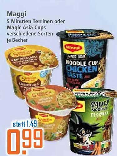 Maggi 5 Minuten Terrinen oder Magic Asia Cups verschiedene Sorten je Becher