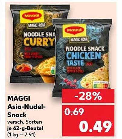 MAGGI Asia-Nudel-Snack versch. Sorten je 62-g-Beutel (1 kg = 7,91)