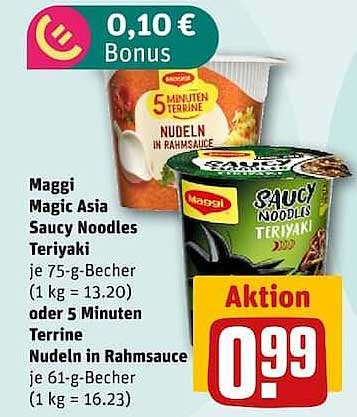 Maggi Magic Asia Saucy Noodles Teriyaki je 75-g-Becher (1 kg = 13.20) oder 5 Minuten Terrine Nudeln in Rahmsauce je 61-g-Becher (1 kg = 16.23)
