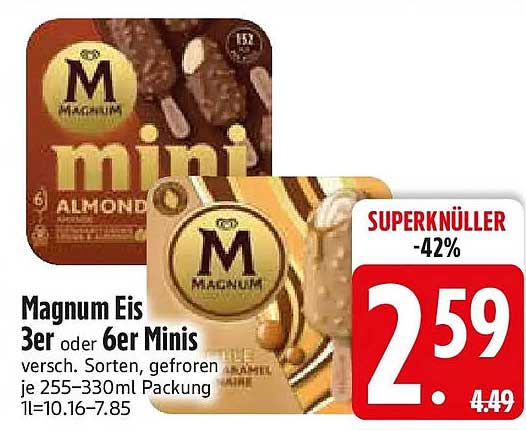 Magnum Eis 3er oder 6er Minis versch. Sorten, gefroren je 255–330ml Packung