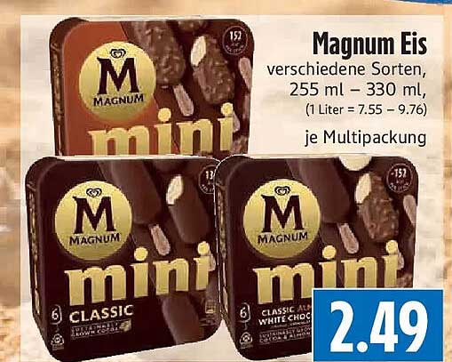 Magnum Eis verschiedene Sorten, 255 ml – 330 ml, (1 Liter = 7,55 – 9,76) je Multipackung