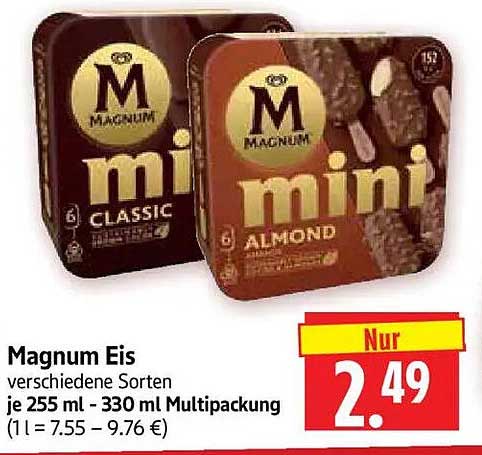 Magnum Eis verschiedene Sorten je 255 ml – 330 ml Multipackung (1 l = 7.55 – 9.76 €)