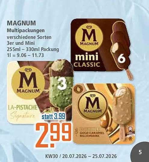 MAGNUM Multipackungen verschiedene Sorten 3er und Mini 255ml – 330ml Packung 1l = 9.06 – 11.73