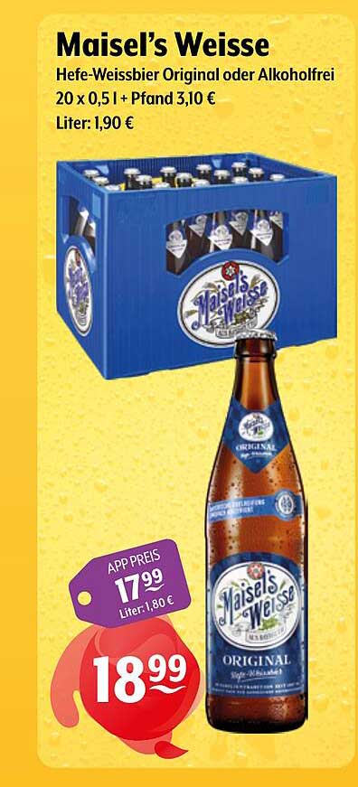 Maisel’s Weisse Hefe-Weissbier Original oder Alkoholfrei 20 x 0,5 l + Pfand 3,10 € Liter: 1,90 €