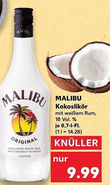 MALIBU Kokoslikör mit weißem Rum, 18 Vol. % je 0,7-l-Fl. (1 l = 14.28)