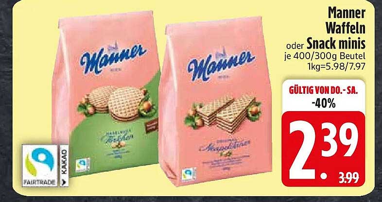 Manner Waffeln oder Snack minis je 400/300g Beutel 1kg=5.98/7.97