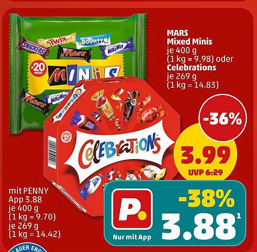 MARS Mixed Minis je 400 g (1 kg = 9.98) oder Celebrations je 269 g (1 kg = 14.83)