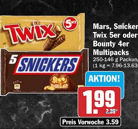 Mars, Snickers, Twix 5er oder Bounty 4er Multipacks