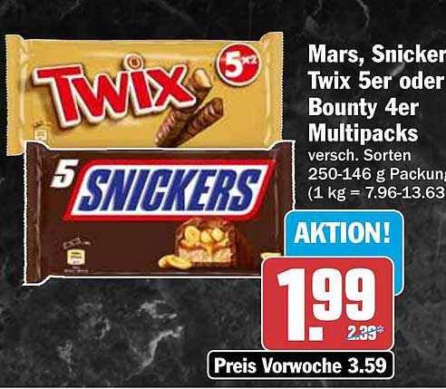 Mars, Snickers, Twix 5er oder Bounty 4er Multipacks