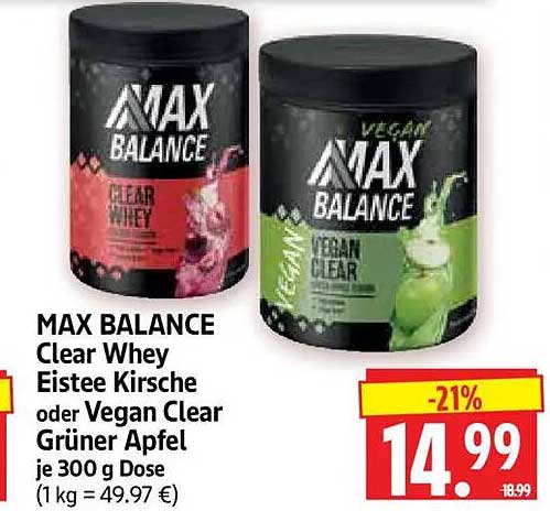 MAX BALANCE Clear Whey Eistee Kirsche oder Vegan Clear Grüner Apfel je 300 g Dose