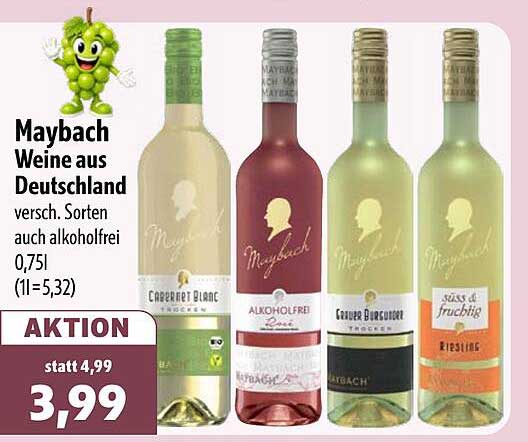 Maybach Weine aus Deutschland versch. Sorten auch alkoholfrei 0,75l (1l=5,32)