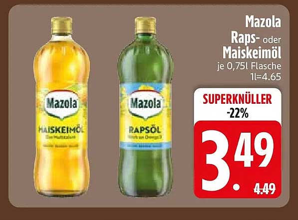 Mazola Raps- oder Maiskeimöl je 0,75l Flasche