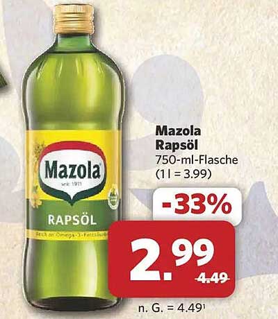 Mazola Rapsöl 750-ml-Flasche (1 l = 3,99)
