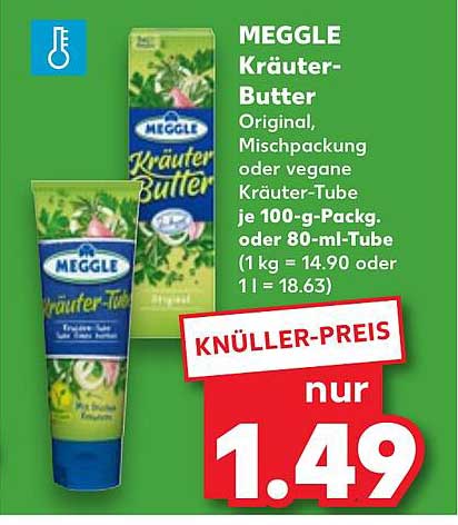 MEGGLE Kräuter-Butter Original, Mischungpackung oder vegane Kräuter-Tube je 100-g-Packg. oder 80-ml-Tube (1 kg = 14.90 oder 1 l = 18.63)