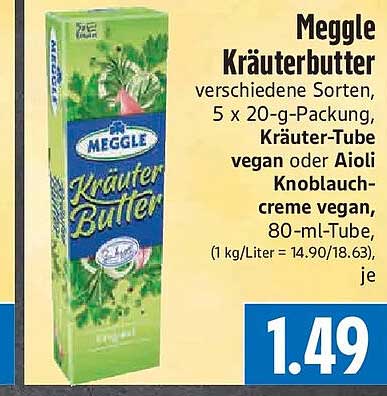 Meggle Kräuterbutter verschiedene Sorten, 5 x 20-g-Packung, Kräuter-Tube vegan oder Aioli Knoblauchcreme vegan, 80-ml-Tube