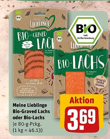 Meine Lieblinge Bio-Graved Lachs oder Bio-Lachs je 80-g-Pckg. (1 kg = 46.13)
